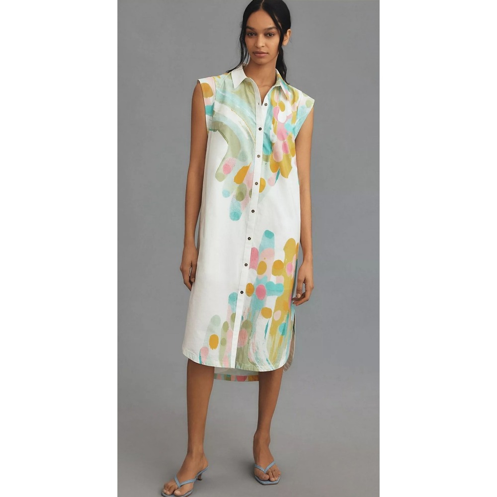 MAEVE Anthropologie Floral Cap Sleeve Button Front Midi Shirt Dress XS